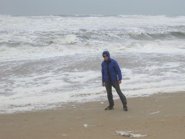 Barrett leaning into 40 - 55 mph wind on the ocean beach