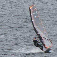 Barrett cruising on a 100 liter board with a 7.0 meter sail.